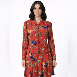 Liz Claiborne Red Floral Skirt Suit Set Petite 8 Vintage Inspired Top & Skirt